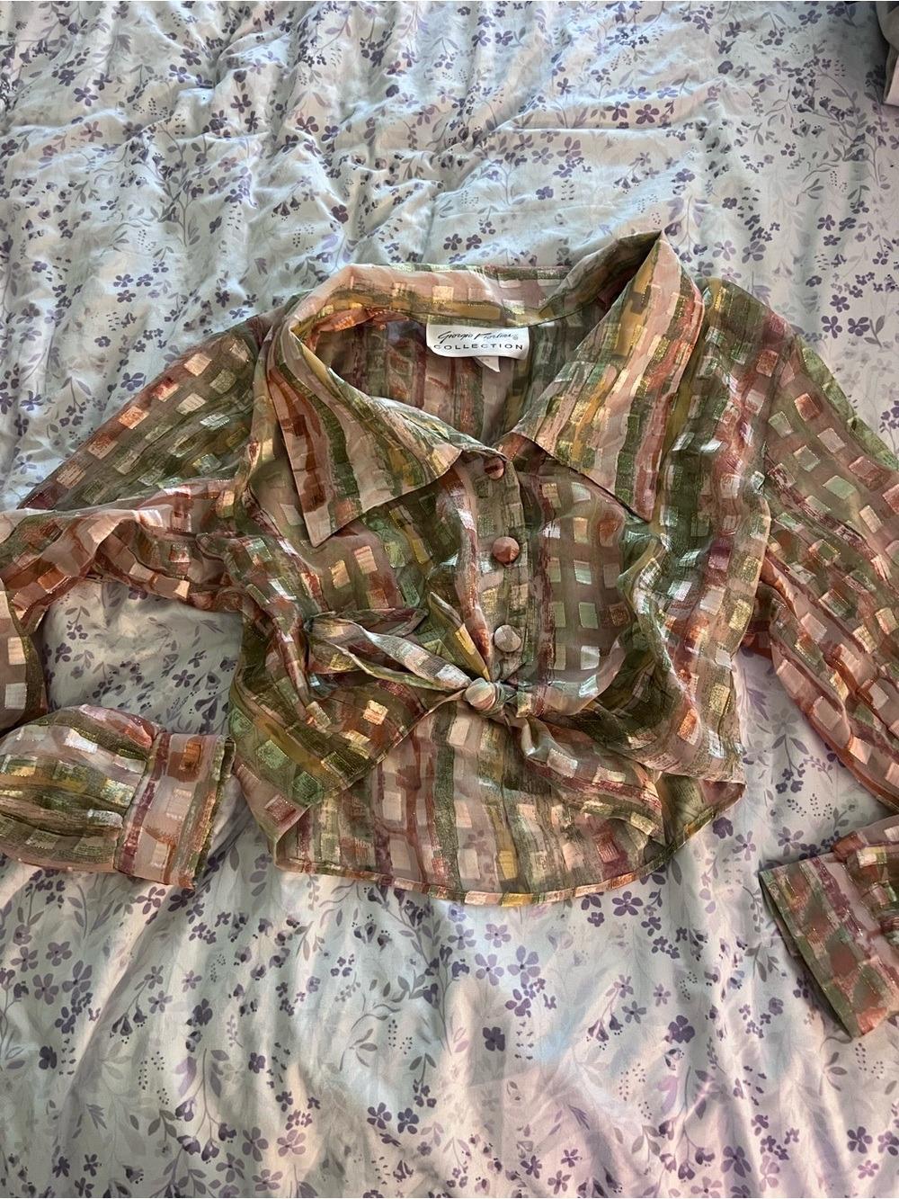 George Simonton Sheer Olive & Rose Metallic Check Tie-Front Blouse